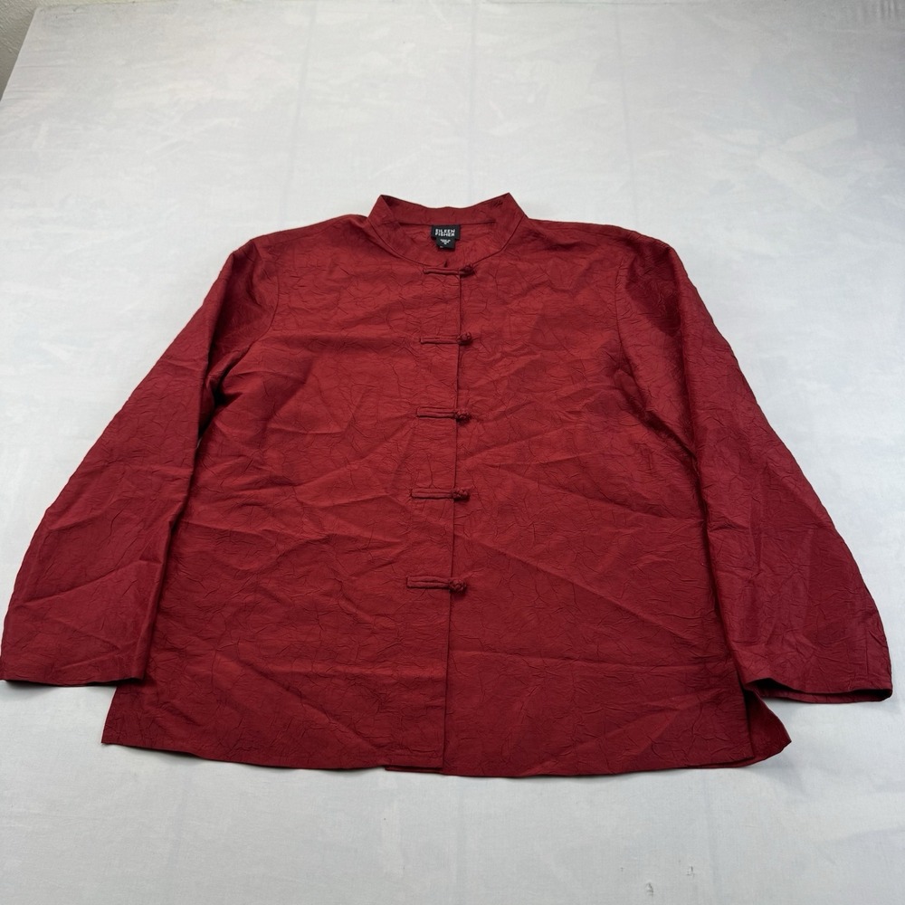 Eileen Fisher Women's Medium Red Silk Rayon Mandarin Collar Asian Jacket Top